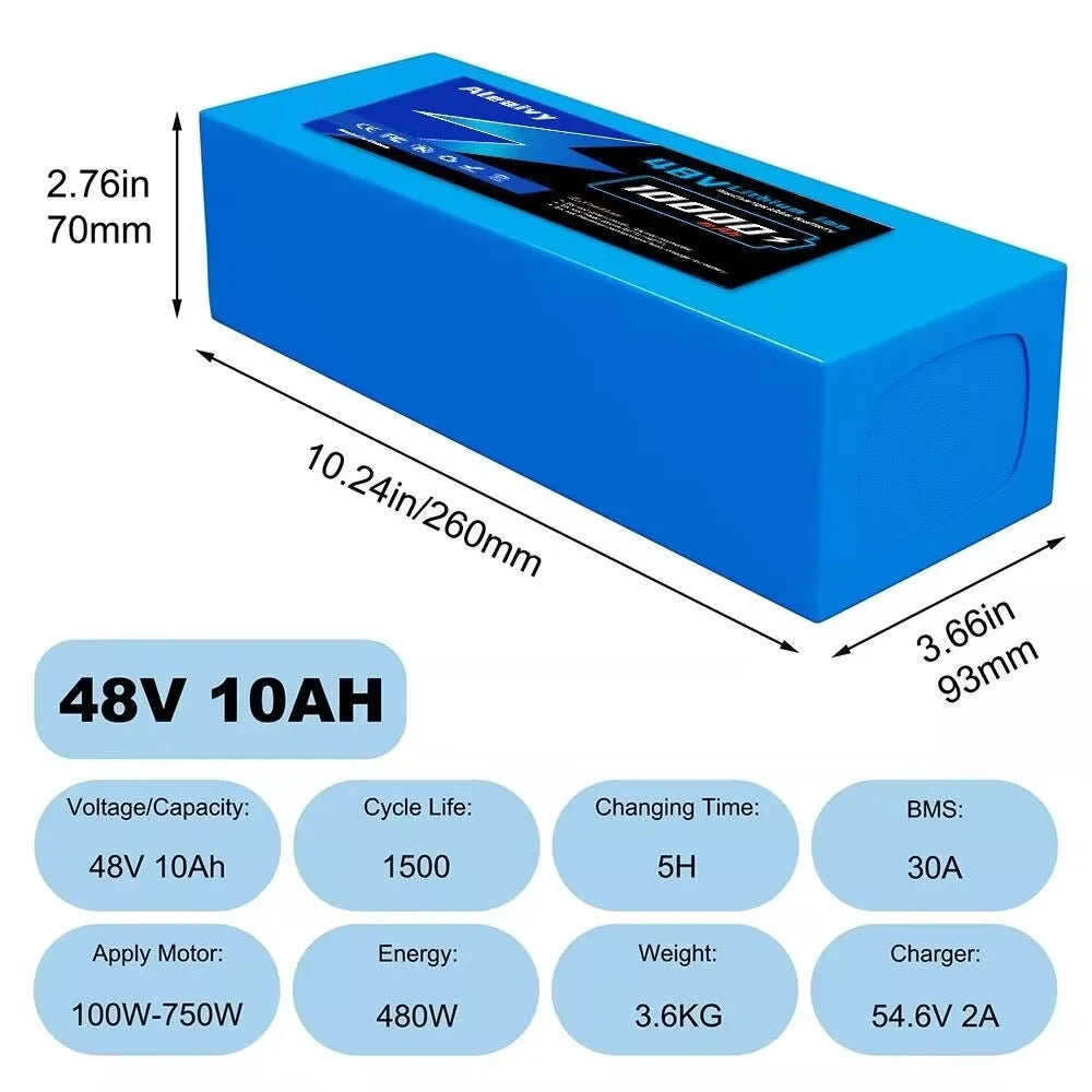 Aleaivy 48V 16Ah Electric Bike Lithium Battery Pack 16000mAh Li ion Ebike Battery for Bicycle Scooter Motorcycle with Charger
