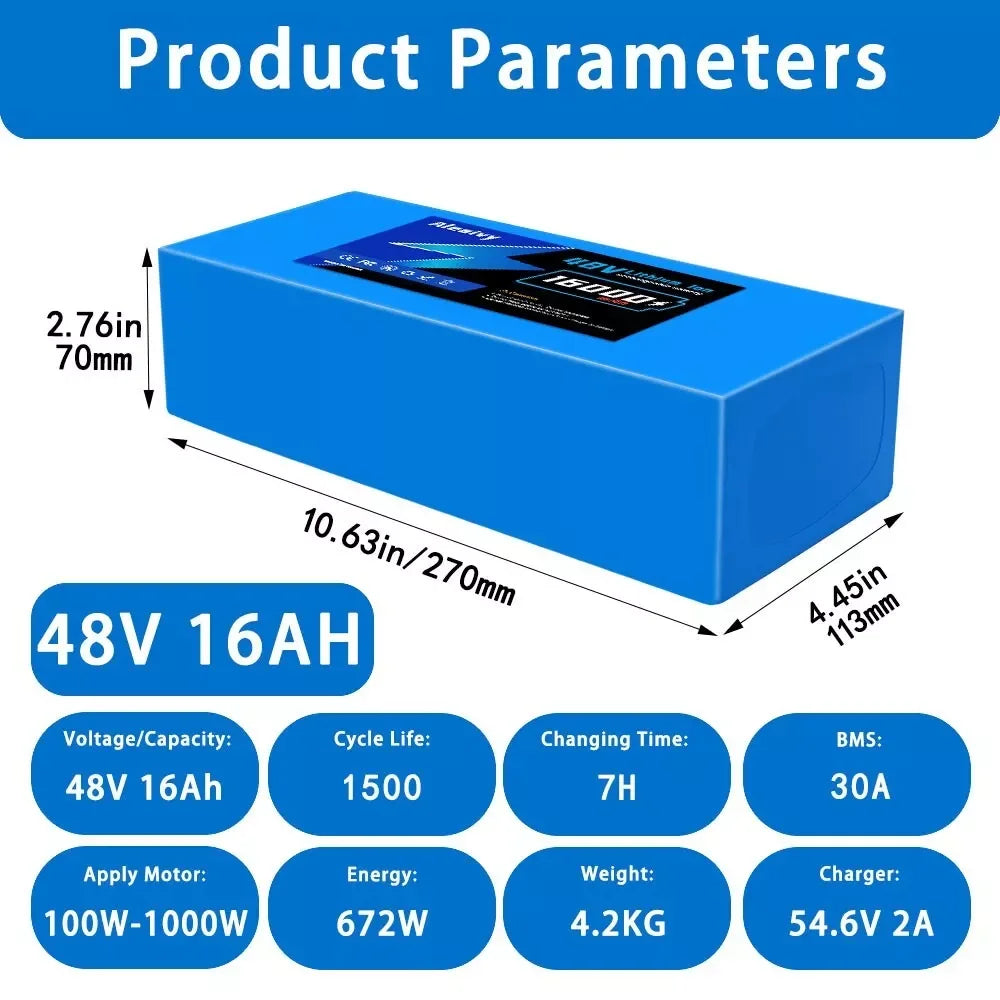Aleaivy 48V 16Ah Electric Bike Lithium Battery Pack 16000mAh Li ion Ebike Battery for Bicycle Scooter Motorcycle with Charger
