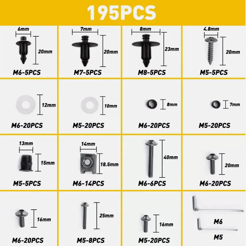 195PCS Universal Motorcycle Bodywork Complete Fairing Bolts Screw Nuts Kit For Kawasaki Ducati Aprilia Honda YAMAHA YZF Suzuki
