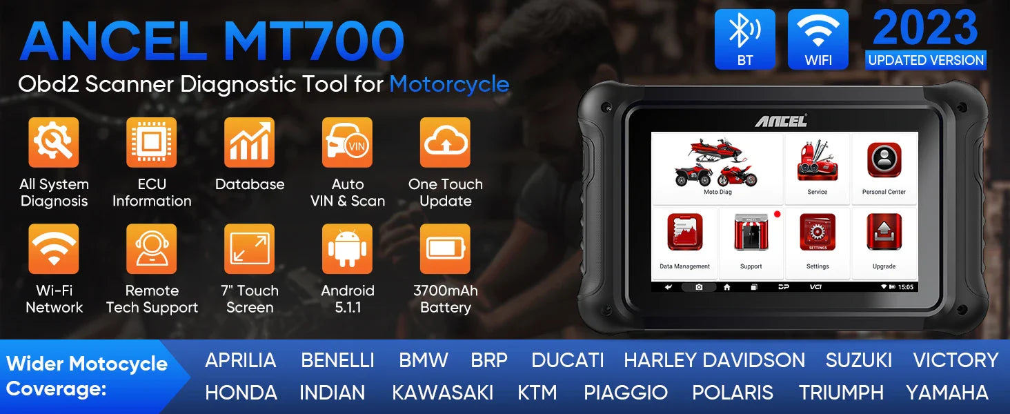 ANCEL MT700 Motorcycle Diagnostic Tool All System Oil Reset ABS Bleeding ECU Coding Active Test OBD 2 Motorcycle Scanner