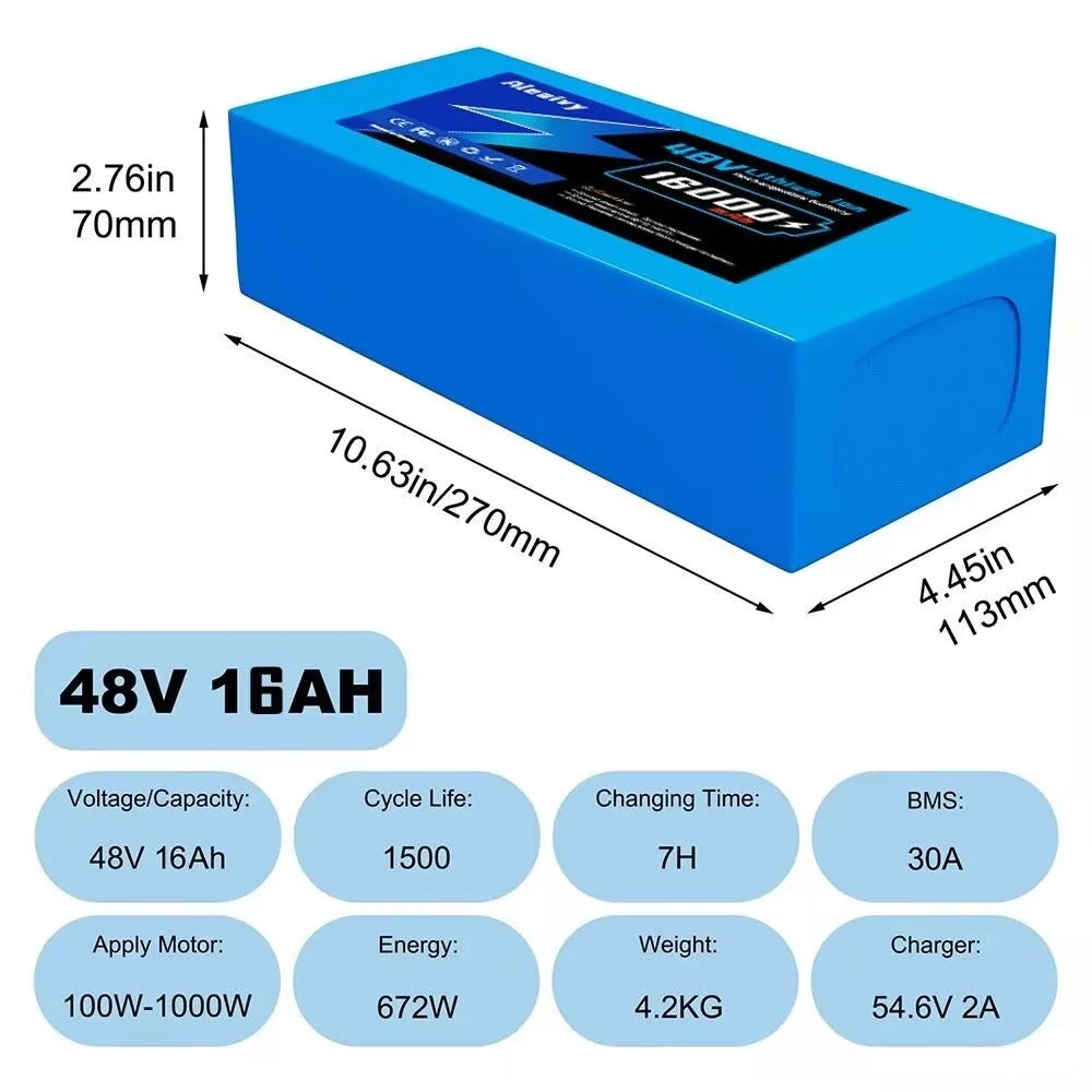 Aleaivy 48V 16Ah Electric Bike Lithium Battery Pack 16000mAh Li ion Ebike Battery for Bicycle Scooter Motorcycle with Charger
