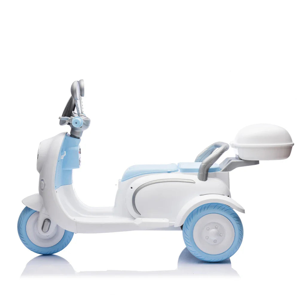 12V Two-seater Kids Ride On Electric Motorcycle,Three Wheels Kids toy with Slow Start,Multi-function player,USB,Bluetooth, light