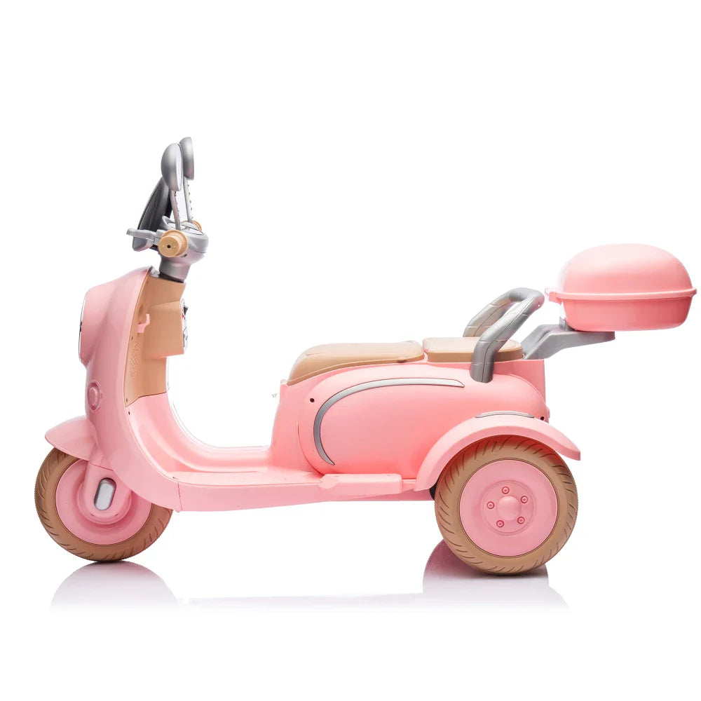 12V Two-seater Kids Ride On Electric Motorcycle,Three Wheels Kids toy with Slow Start,Multi-function player,USB,Bluetooth, light