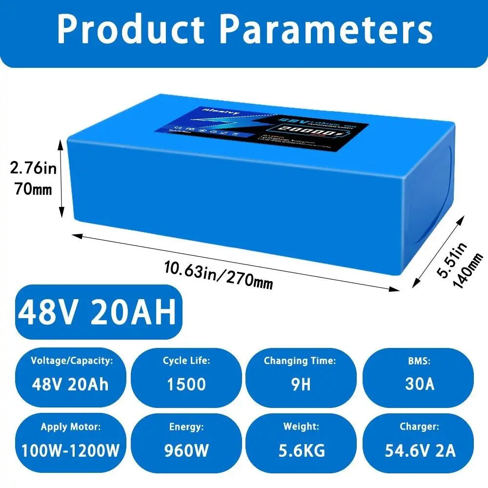 Aleaivy 48V 16Ah Electric Bike Lithium Battery Pack 16000mAh Li ion Ebike Battery for Bicycle Scooter Motorcycle with Charger