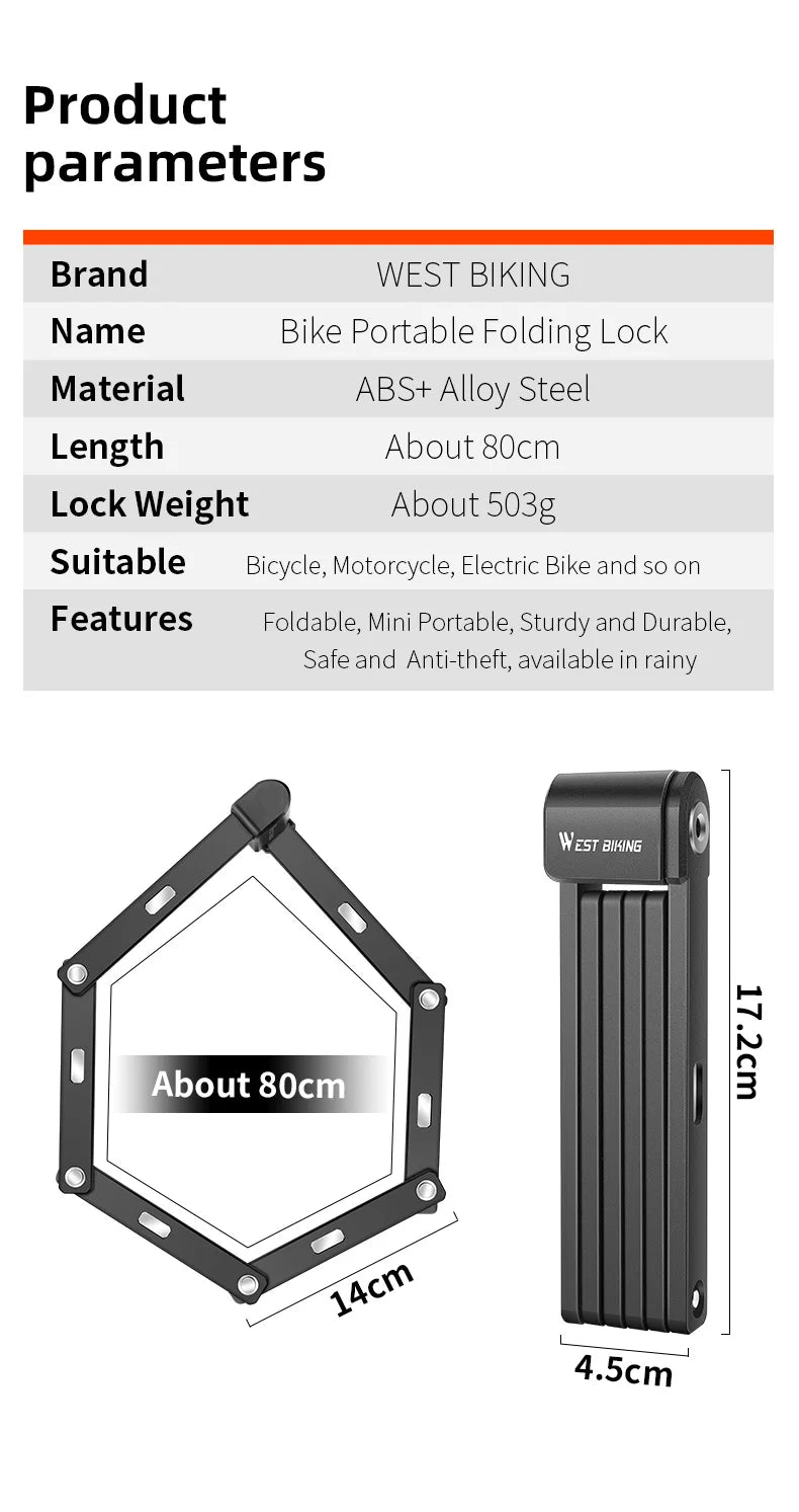 WEST BIKING Anti-Theft Bicycle Folding Lock Portable Motorcycle Electric Scooter Safety Lock High Security Waterproof Bike Lock