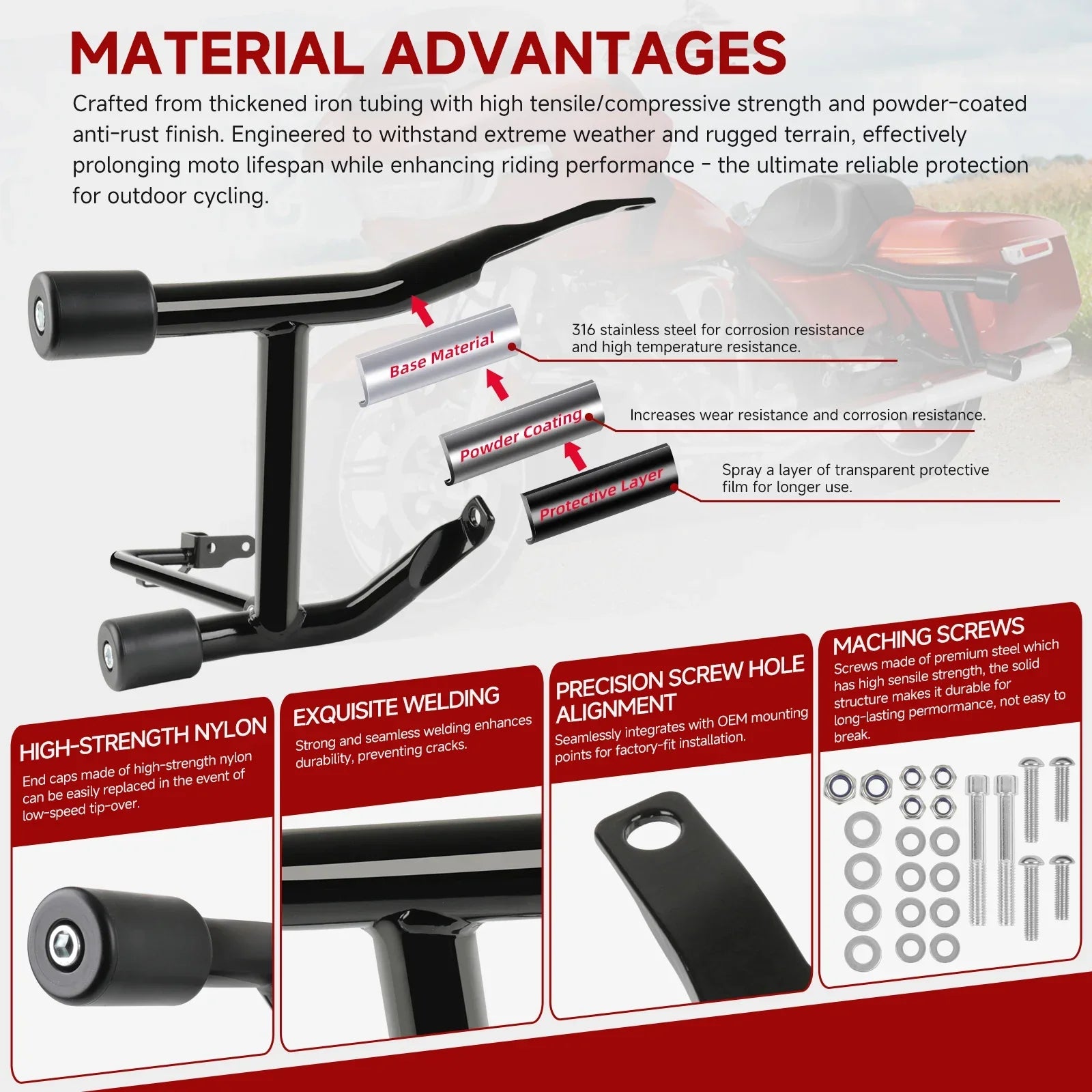 Motorcycle Hnadlebar Rear Performance Bagger Saddlebag Guard Crash Bar for Street Road Glide Touring 14-24 Stainless Steel