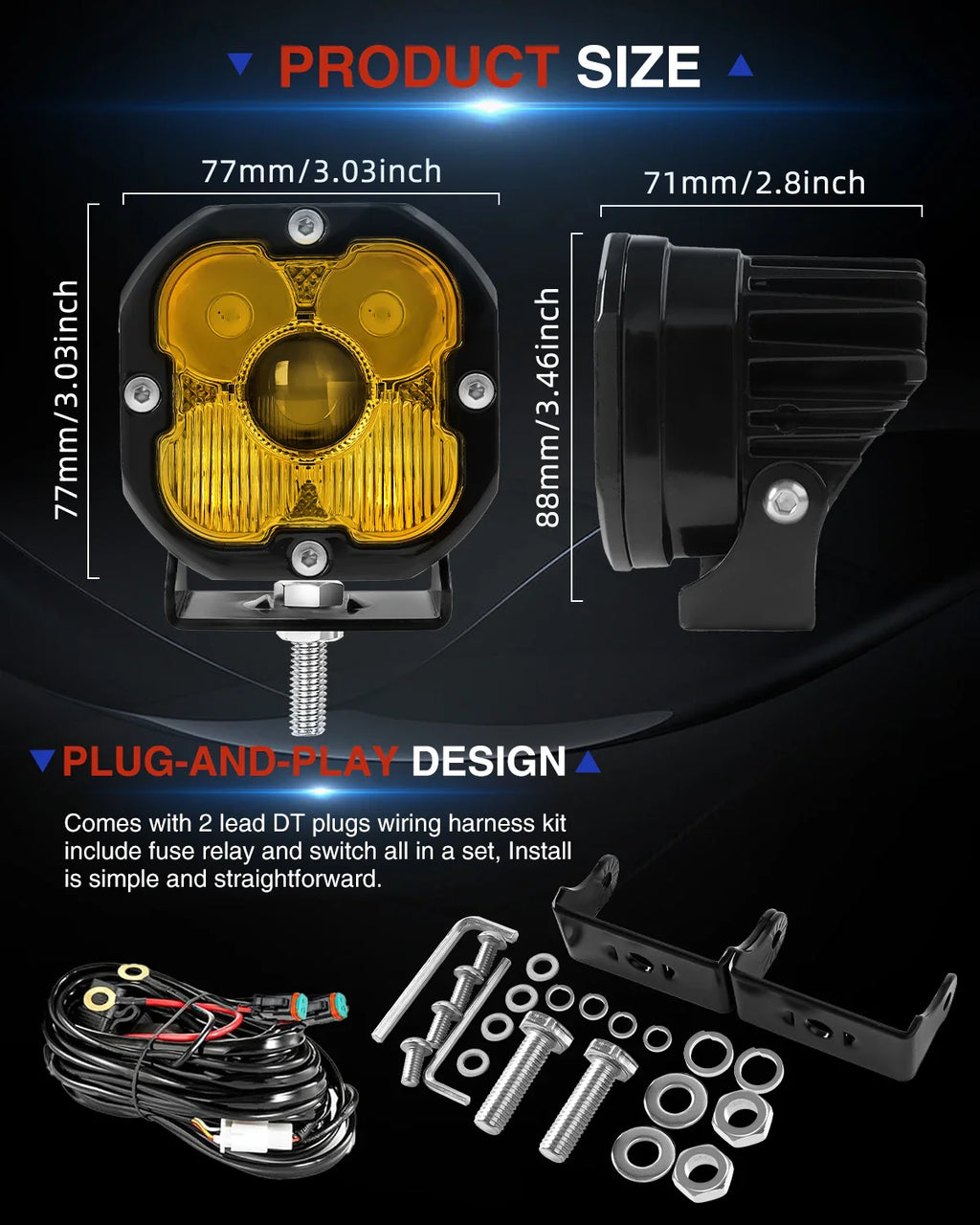 3 inch Yellow LED Fog Light Pods for Jeep Offroad Trucks Pickup Motorcycle Amber Ditch/Rear Chasing/A-Pillar Lights 3000K 2PCS