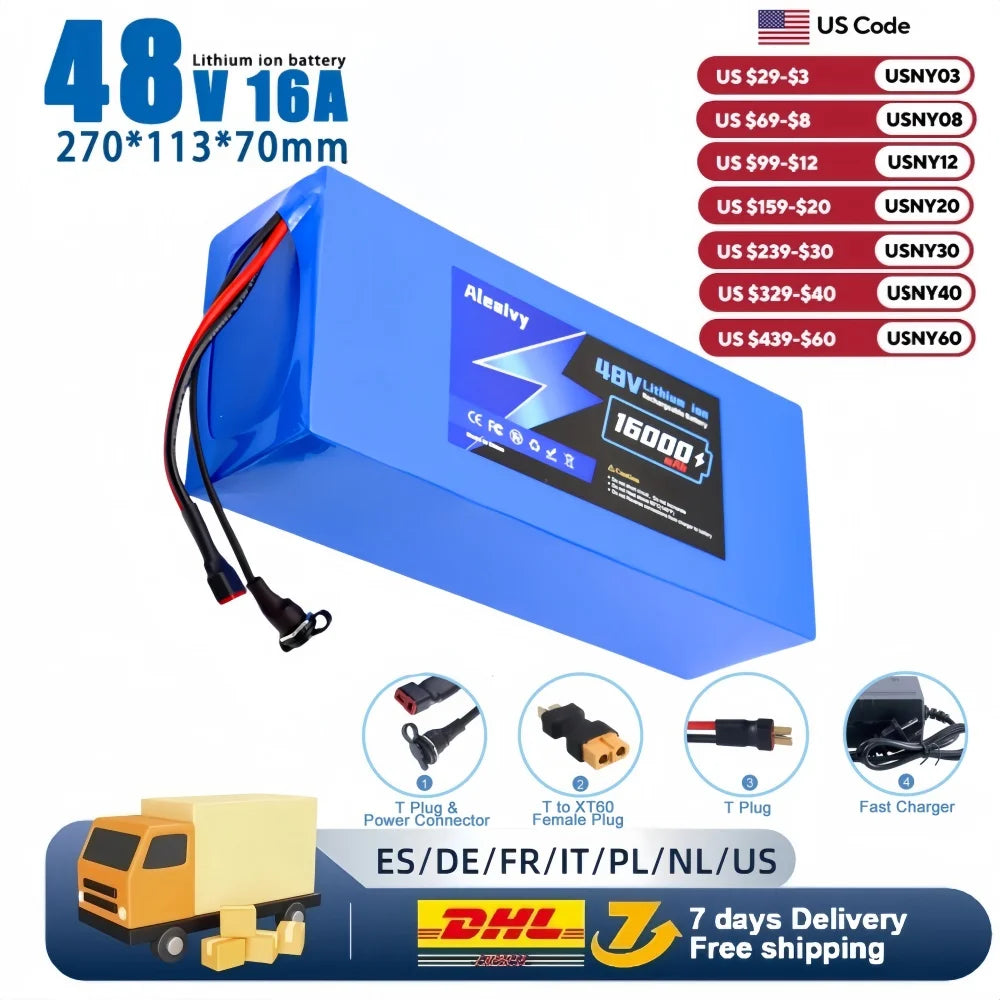 Aleaivy 48V 16Ah Electric Bike Lithium Battery Pack 16000mAh Li ion Ebike Battery for Bicycle Scooter Motorcycle with Charger