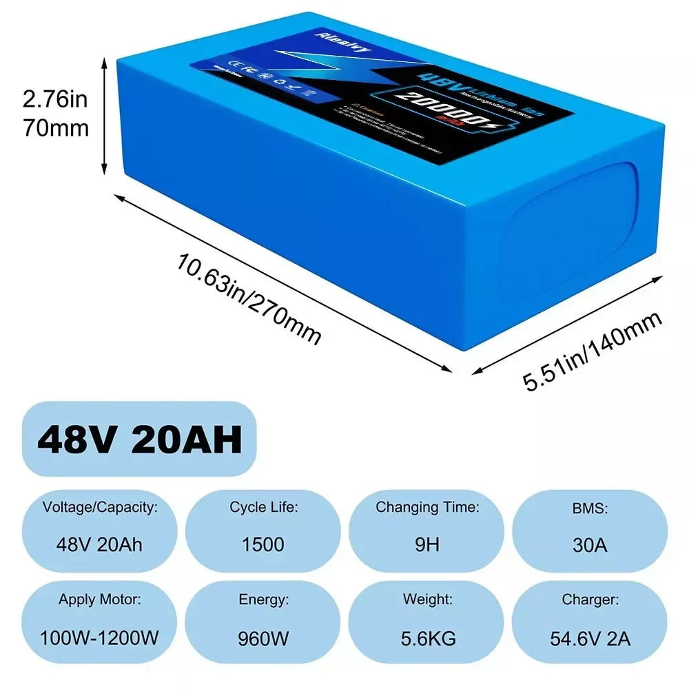 Aleaivy 48V 16Ah Electric Bike Lithium Battery Pack 16000mAh Li ion Ebike Battery for Bicycle Scooter Motorcycle with Charger